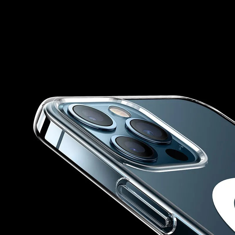 Full transparent magnetic back cover case for iPhone on a table, showing clear design and MagSafe ring.