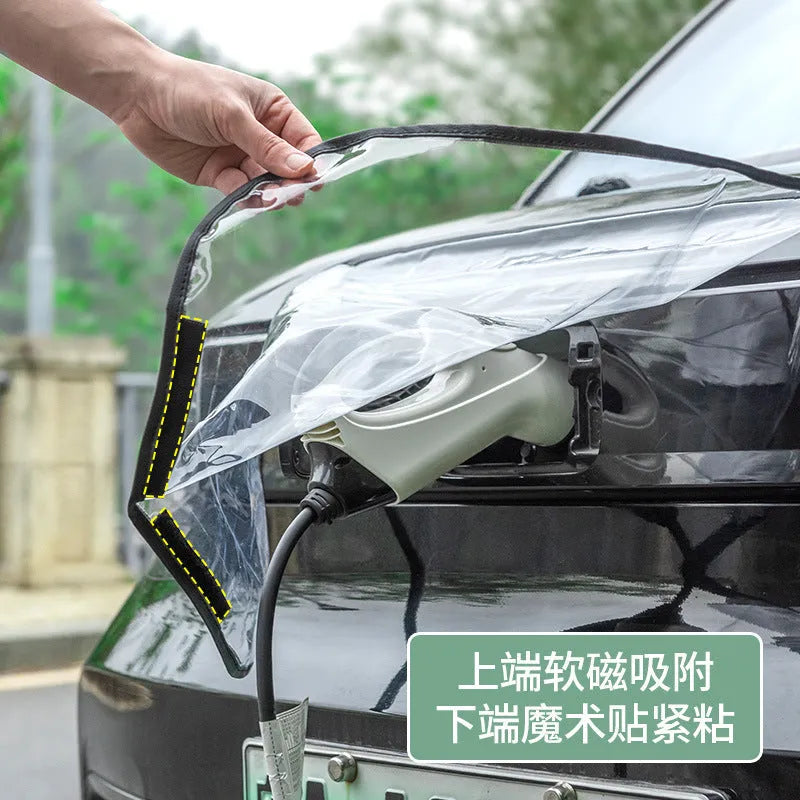 Black waterproof PVC cover with magnetic strips for an electric car charging gun port.