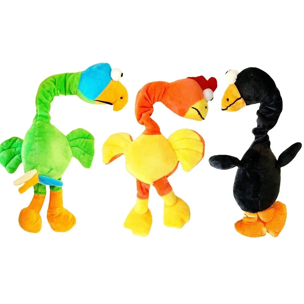 Latex rubber screaming chicken dog toy with squeaker in choice of black, green or orange.