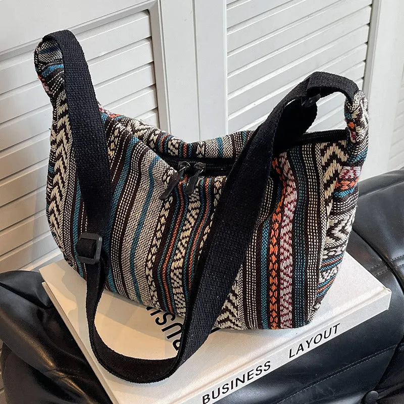 Ethnic style canvas crossbody dumpling bag with sewing thread detailing in five colour options