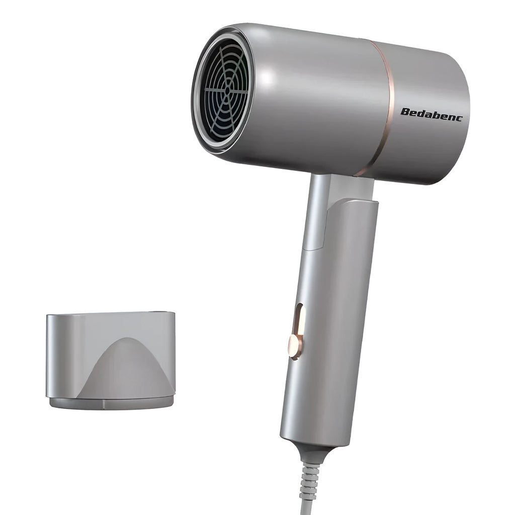 High-power negative ion hair dryer with brushless motor, foldable handle, blue light, and overheat protection in white ABS shell