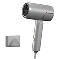 High-power negative ion hair dryer with brushless motor, foldable handle, blue light, and overheat protection in white ABS shell