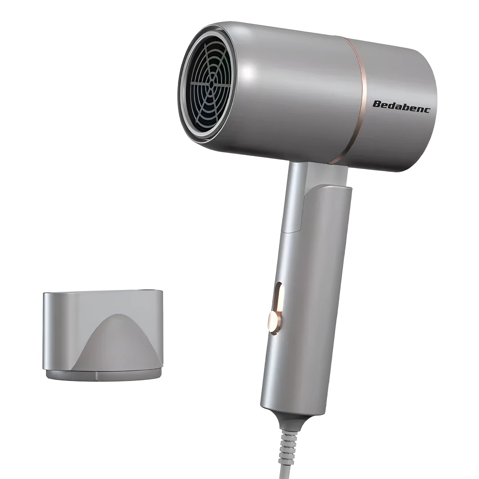 High-power negative ion hair dryer with brushless motor, foldable handle, blue light, and overheat protection in white ABS shell