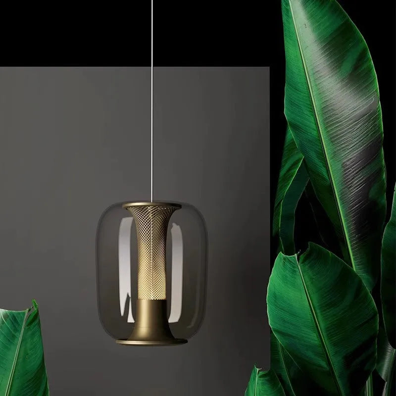 Minimalist geometric glass chandelier ceiling light in smoky grey, cognac, or clear colour.