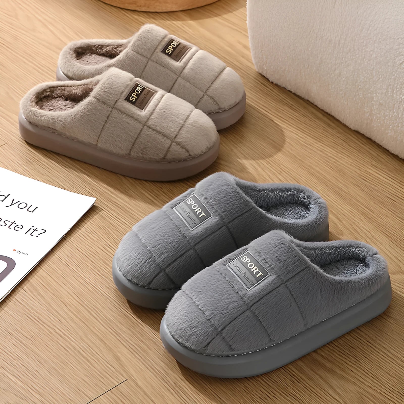 Men's plaid rabbit hair slippers with thick wool lining and a flat EVA sole.