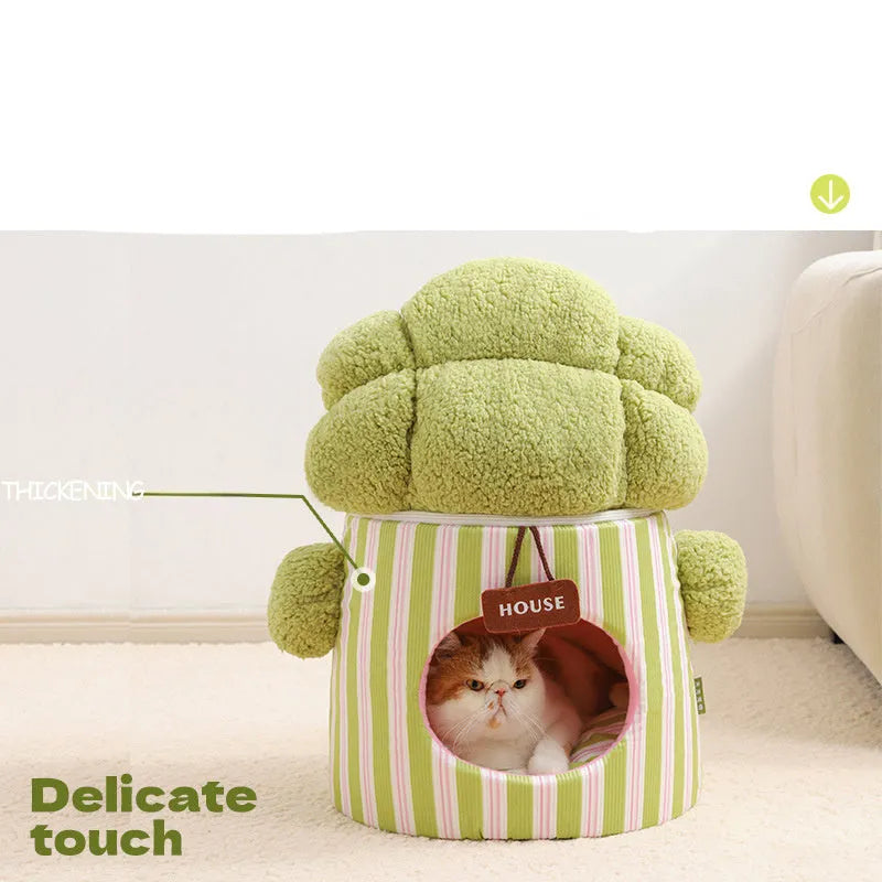 Green cauliflower-shaped enclosed pet house with a round entrance hole for a small dog or cat.
