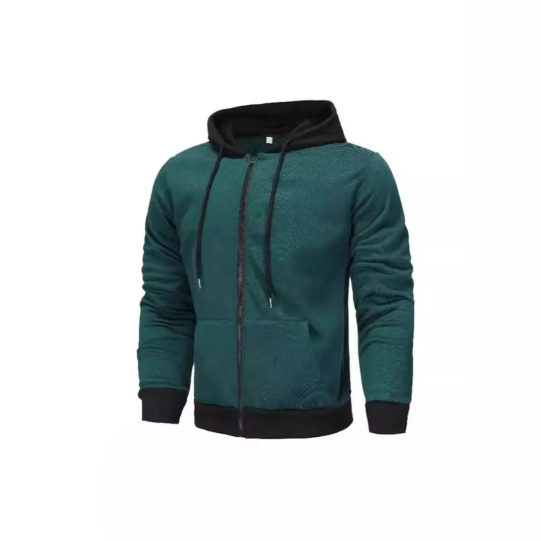Men's black zip-up hoodie cardigan with a light grey hood on a hanger.
