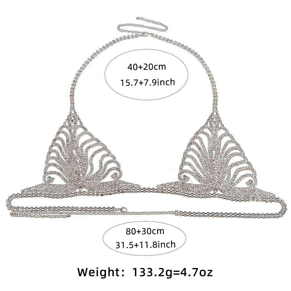 Women's gold and silver metallic body chain bra and panties set for parties and festivals