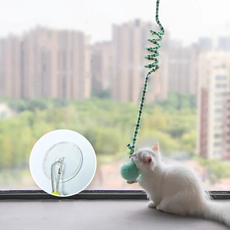 Hanging cat toy with coloured inflatable ball and suction cup attachment for doors and windows