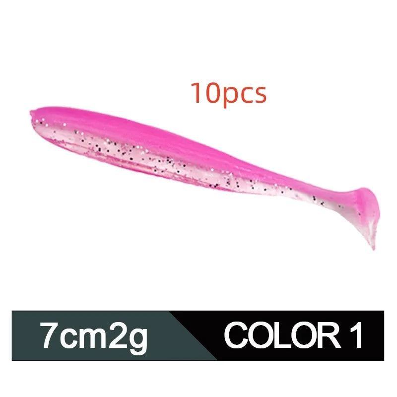 Two-tone soft plastic T-tail fishing lure measuring 7cm, shown in multiple colour variations.