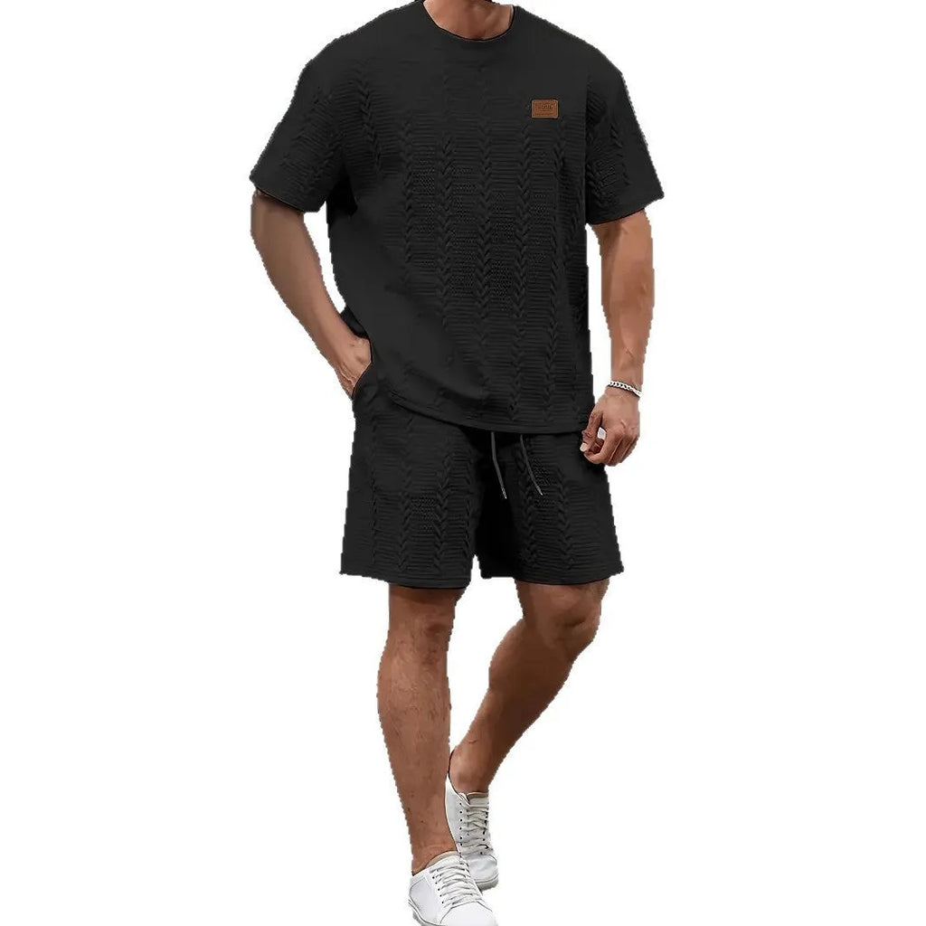 Men's black rib short sleeve sports T-shirt and matching shorts two-piece set with patch design