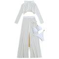 White women's four-piece swimsuit set showing backless top, high-waisted trousers, bra, and panties arranged together
