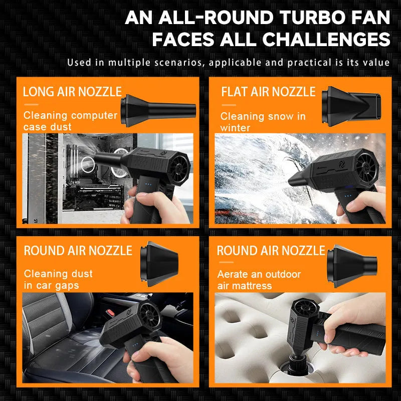 Black integrated mini turbo hair dryer, brushless motor, 131x86x37mm, with four nozzles and USB charging.