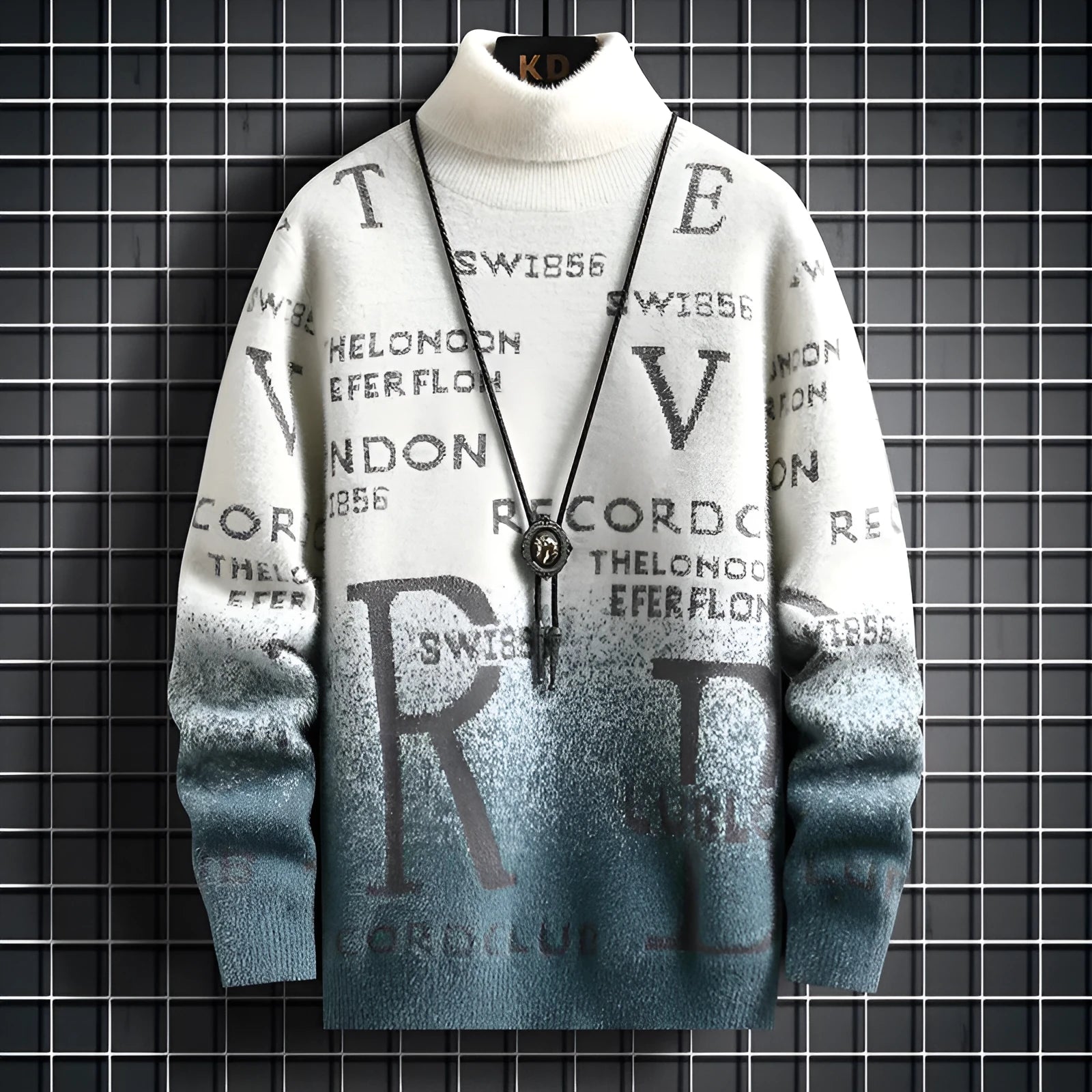 Men's gradient mink fleece turtleneck sweater slim fit in rice and green colour combination