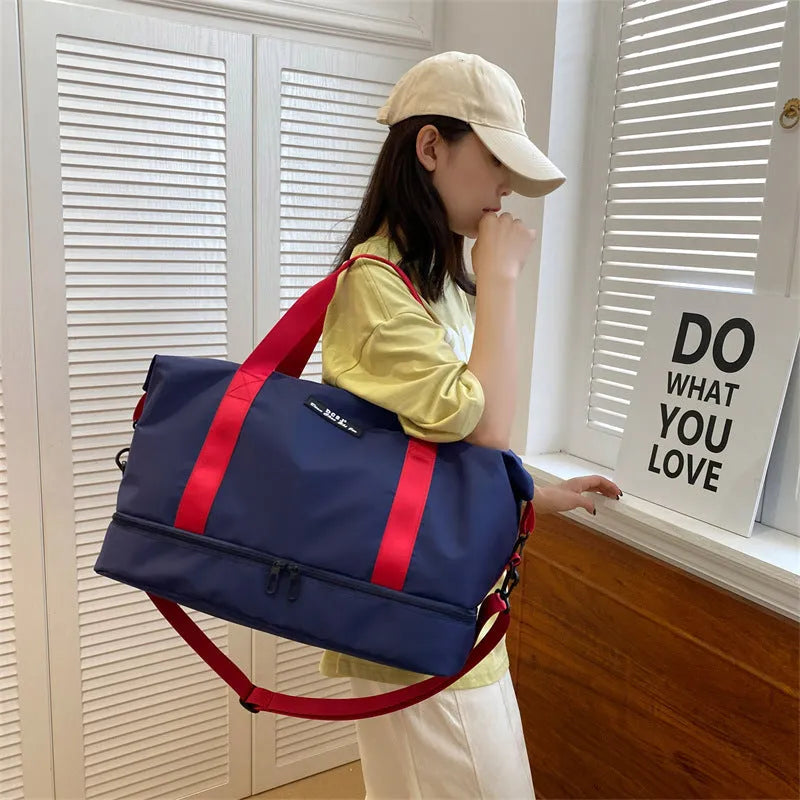 Women's large capacity travel duffle bag with separate shoes compartment, waterproof Oxford cloth, available in multiple colours