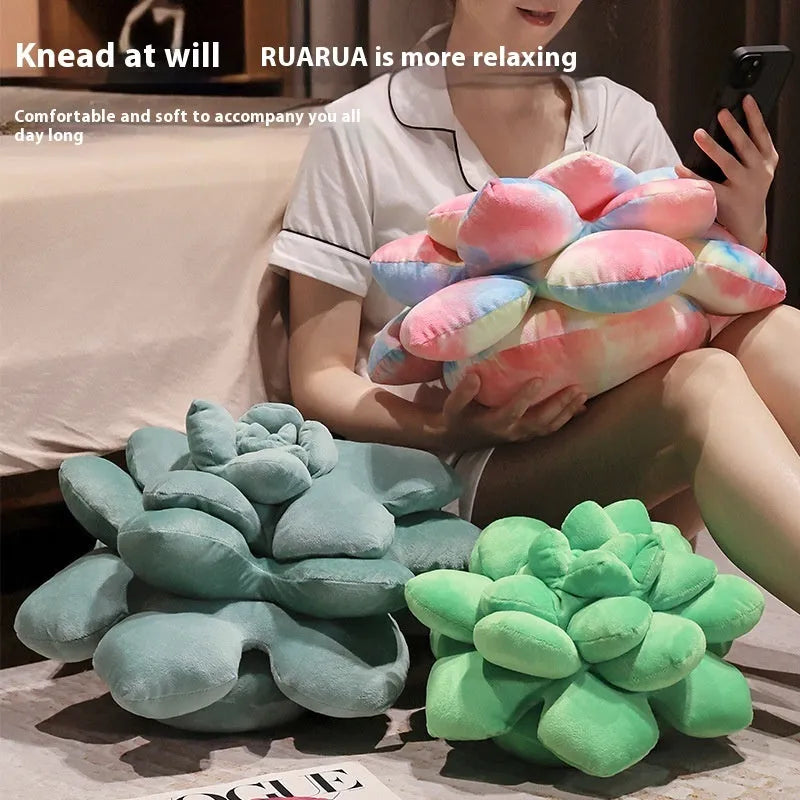 Cartoon succulent plush toy in green or tie dye, 35cm or 45cm, shown as a plant-shaped pillow
