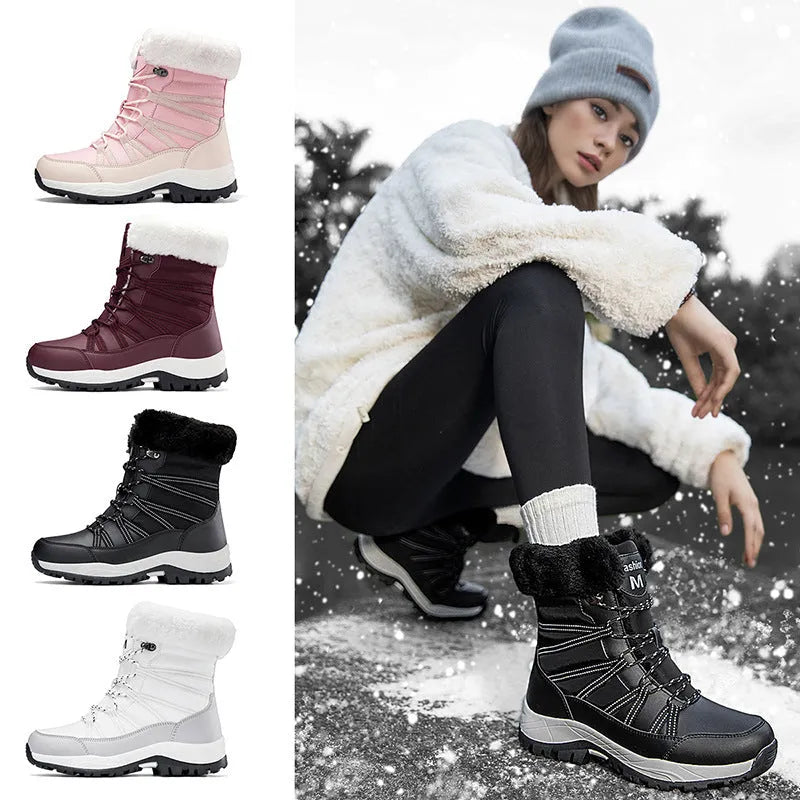 Women's winter fleece-lined cotton-padded non-slip outdoor mid-boots in black with TPR sole