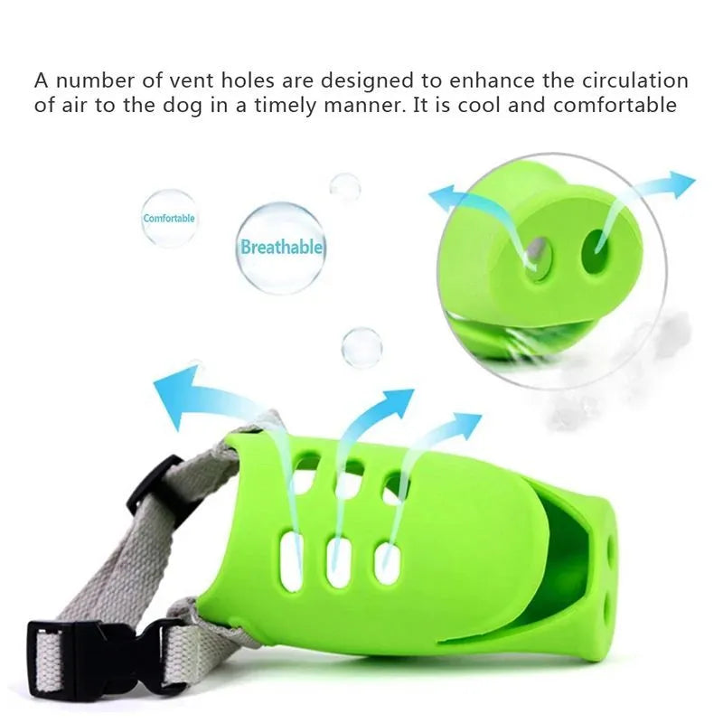 Green silicone anti-bite mouth cover for dog with long snout, showing size comparison