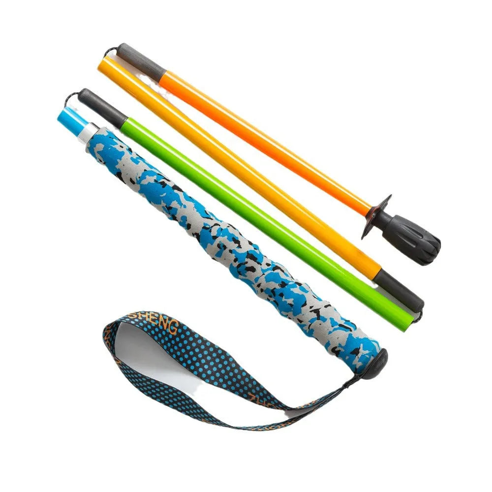 Ultralight high modulus carbon fibre five-section folding trekking pole in colourful finish against outdoor background