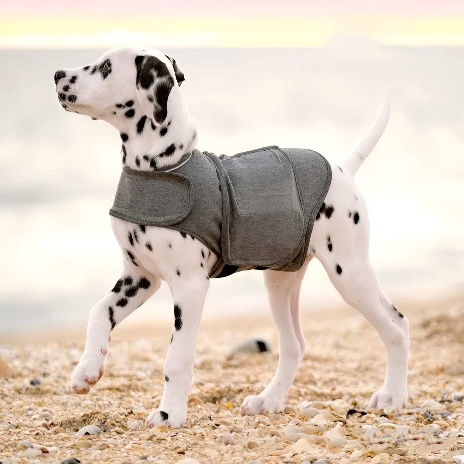 Heather Grey dog anxiety jacket or calming vest made from brocade cotton fabric.