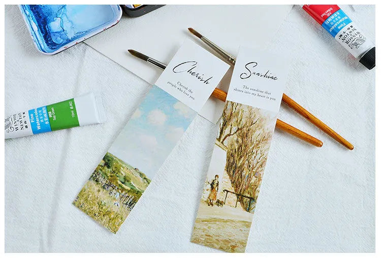 Student creative art bookmark set with 30 sheets on white cardboard showing art designs