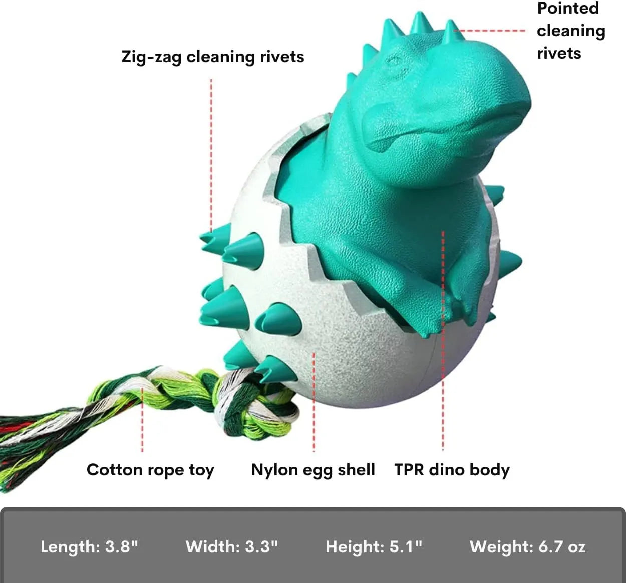 Blue dinosaur-shaped dog chew toy with rubber body and nylon rope tail.