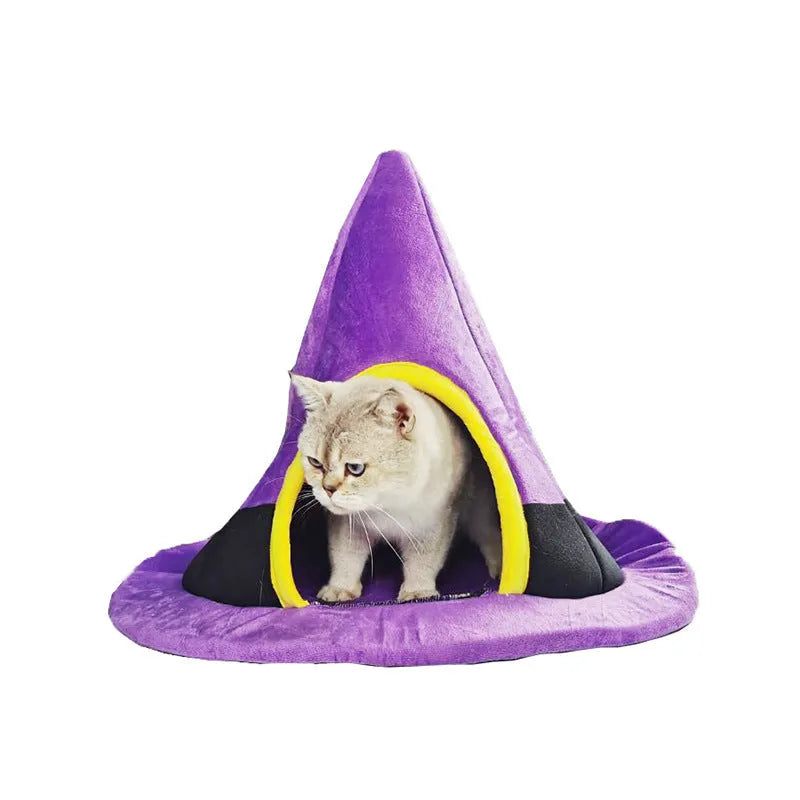 Purple cloth witch hat-shaped cat nest bed for pets, showing its wide brim and cosy interior.
