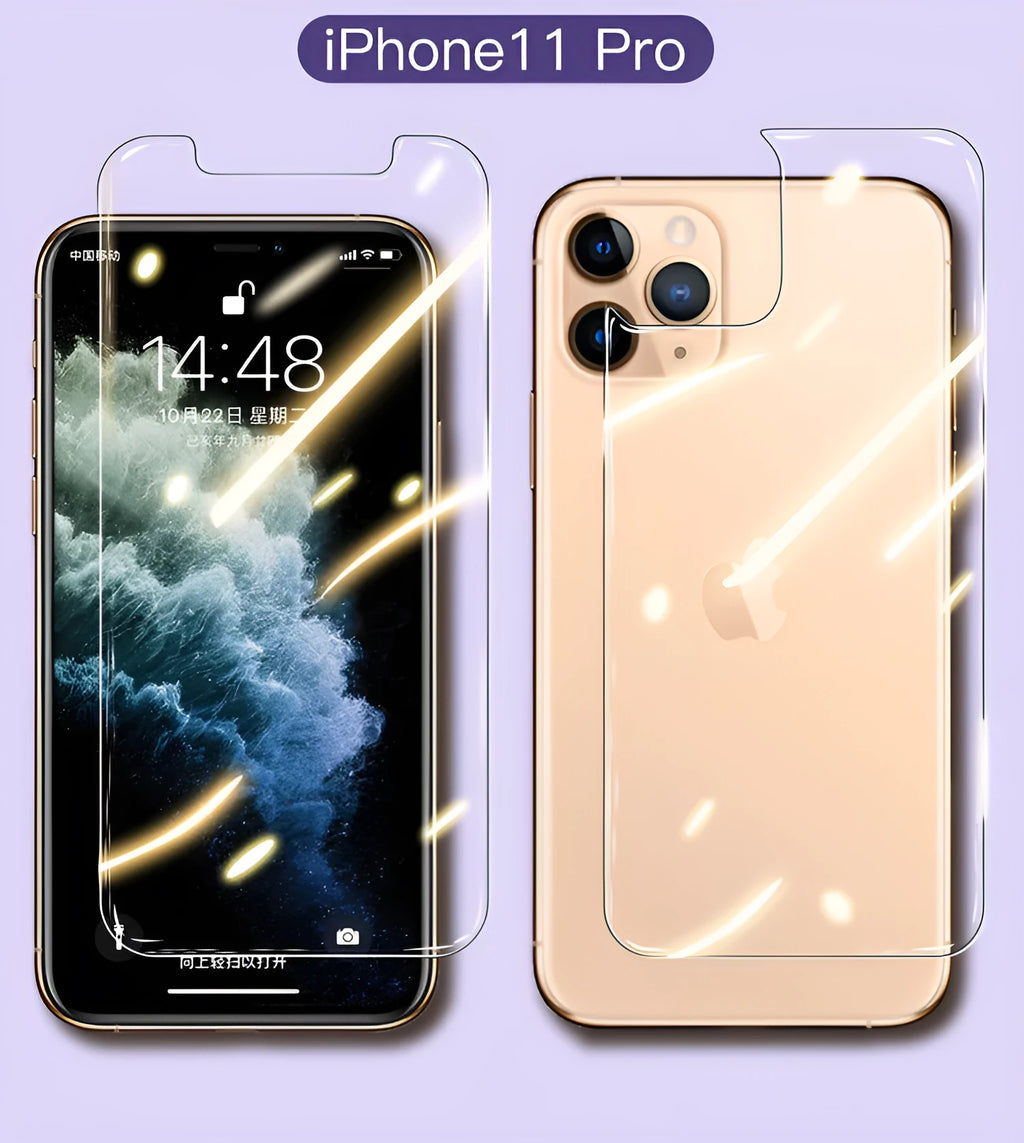 iPhone 11 Pro Max front and back tempered glass screen protectors showing 10D explosion-proof rear film.