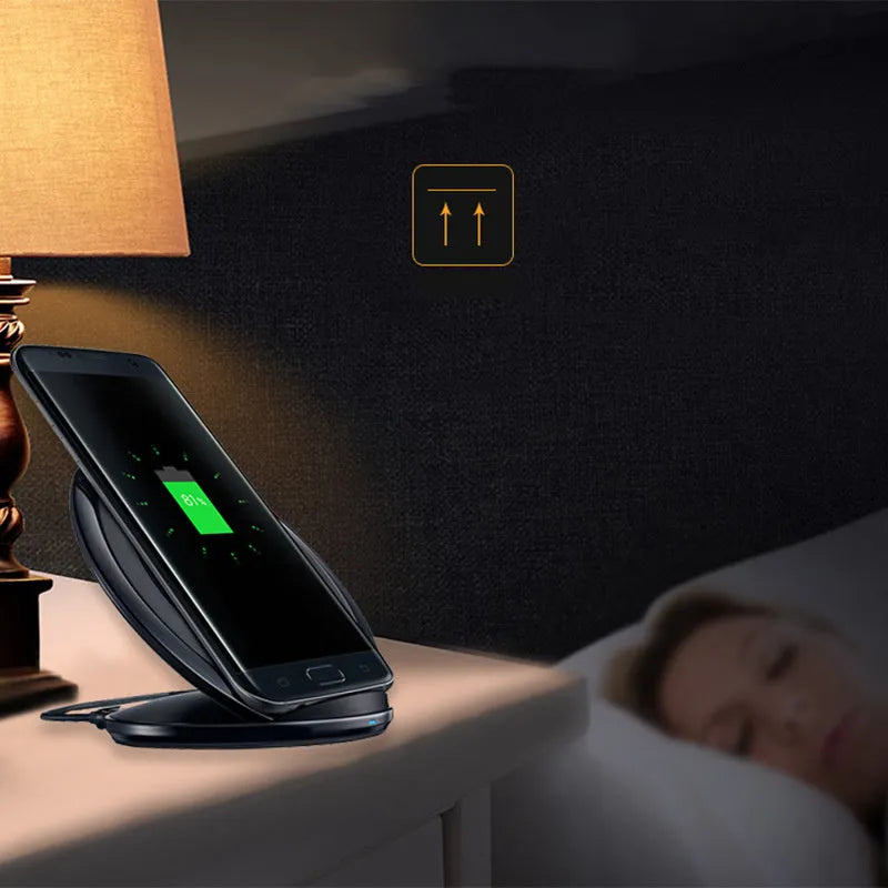 Black wireless charging pad for Galaxy Note Edge smartphone with Qi fast charging capability