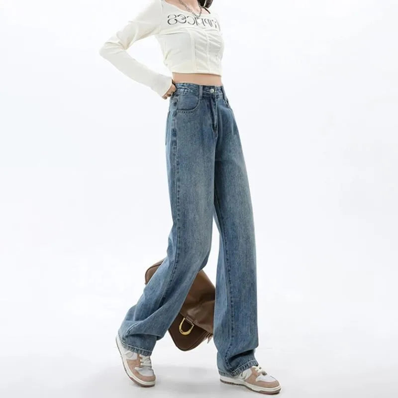 Women’s retro blue high waist wide leg denim jeans, sizes S to 2XL