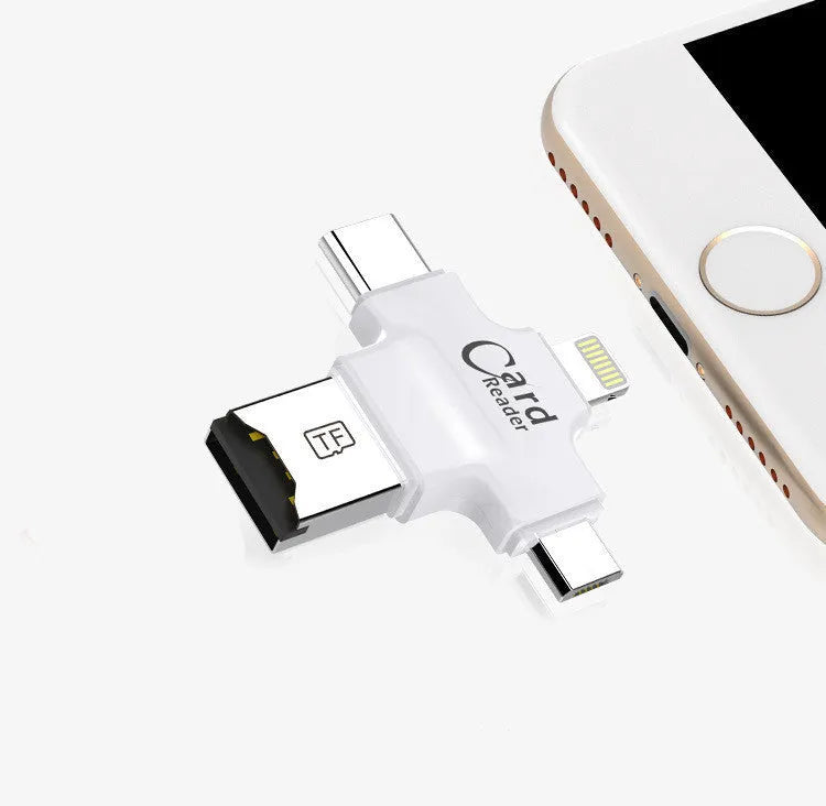 Four-in-one multi-function mobile phone card reader with USB 2.0, shown in white and black colour options