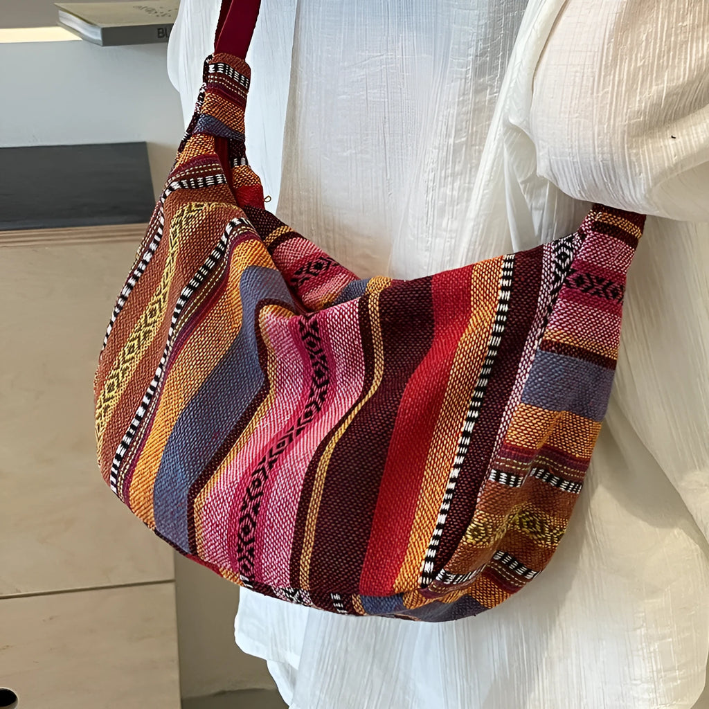 Ethnic style canvas crossbody dumpling bag with sewing thread detailing in five colour options