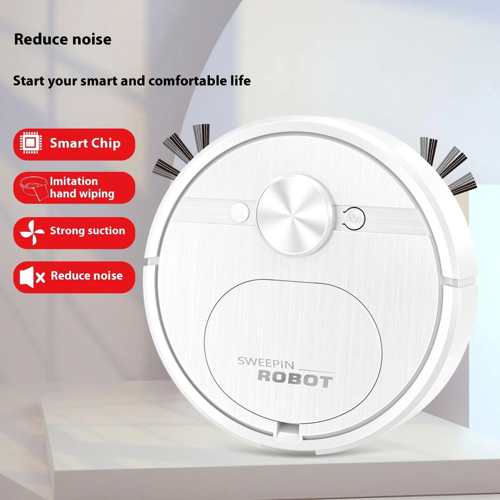 Black or white three-in-one robotic vacuum cleaner with mopping function and USB charging cable