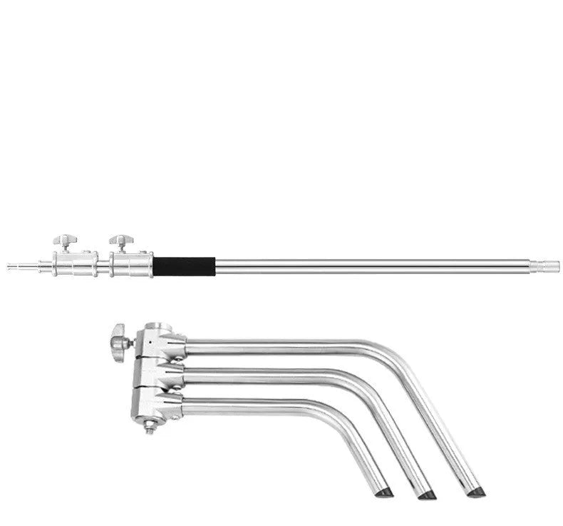 Silver stainless steel light stand with C-frame tripod base for photography and video lighting