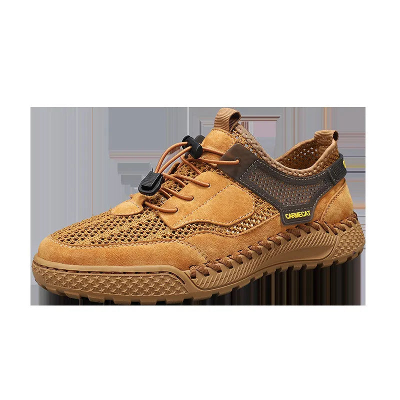 Men's brown suede casual shoes with elastic band closure and hand-stitched sole.