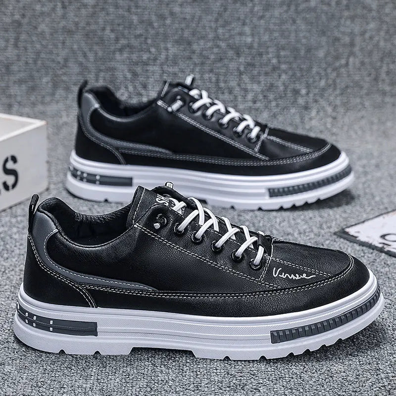 Men's black and white platform sneakers with elastic band closure and round toe design