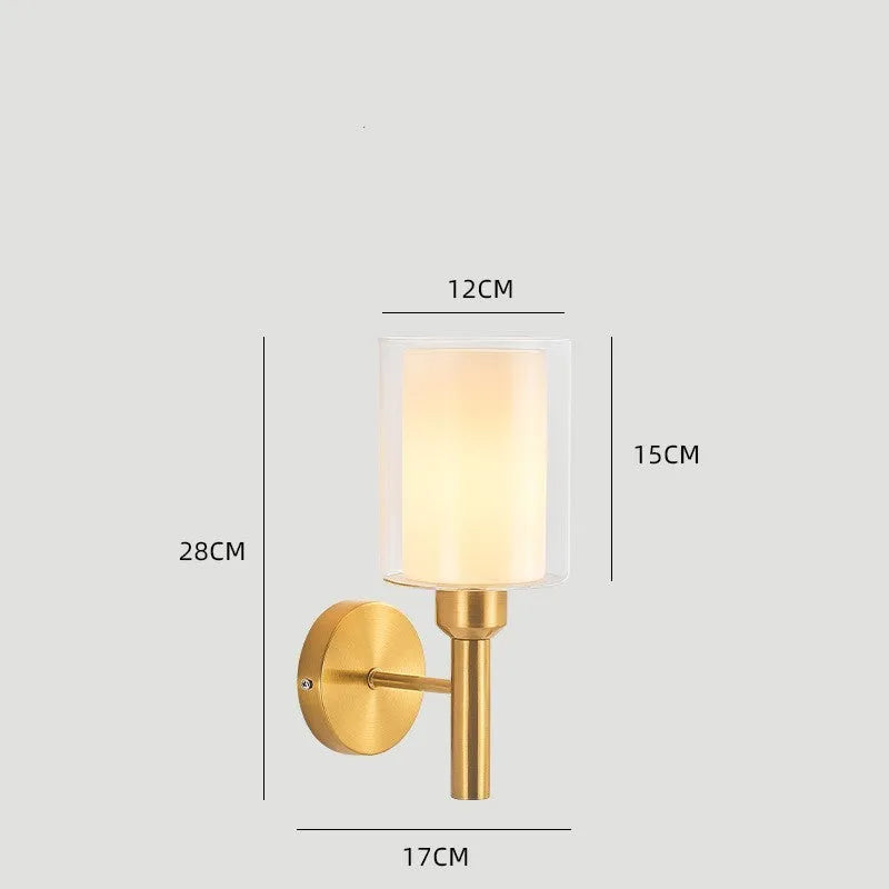 Modern copper coloured wall lamp with glass lampshade for bedroom or hallway lighting