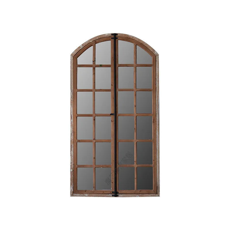 Distressed log colour wooden frame wall mirror with fake window design for terrace decoration