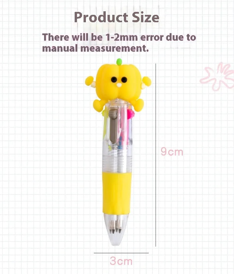 A four-colour ballpoint pen with a press top and a cute cartoon design on a silicone grip section.