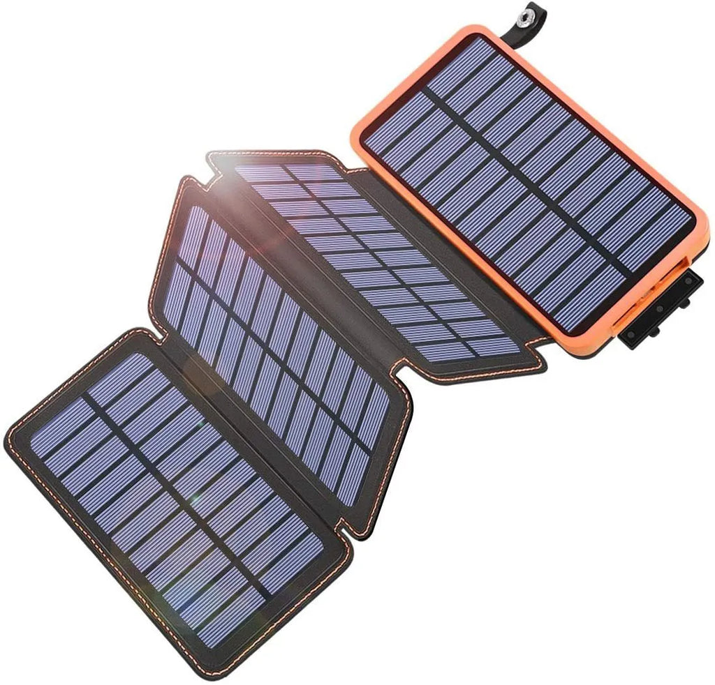 Black outdoor solar power bank with a solar panel, LED light, and soft leather texture, shown with a charging cable.