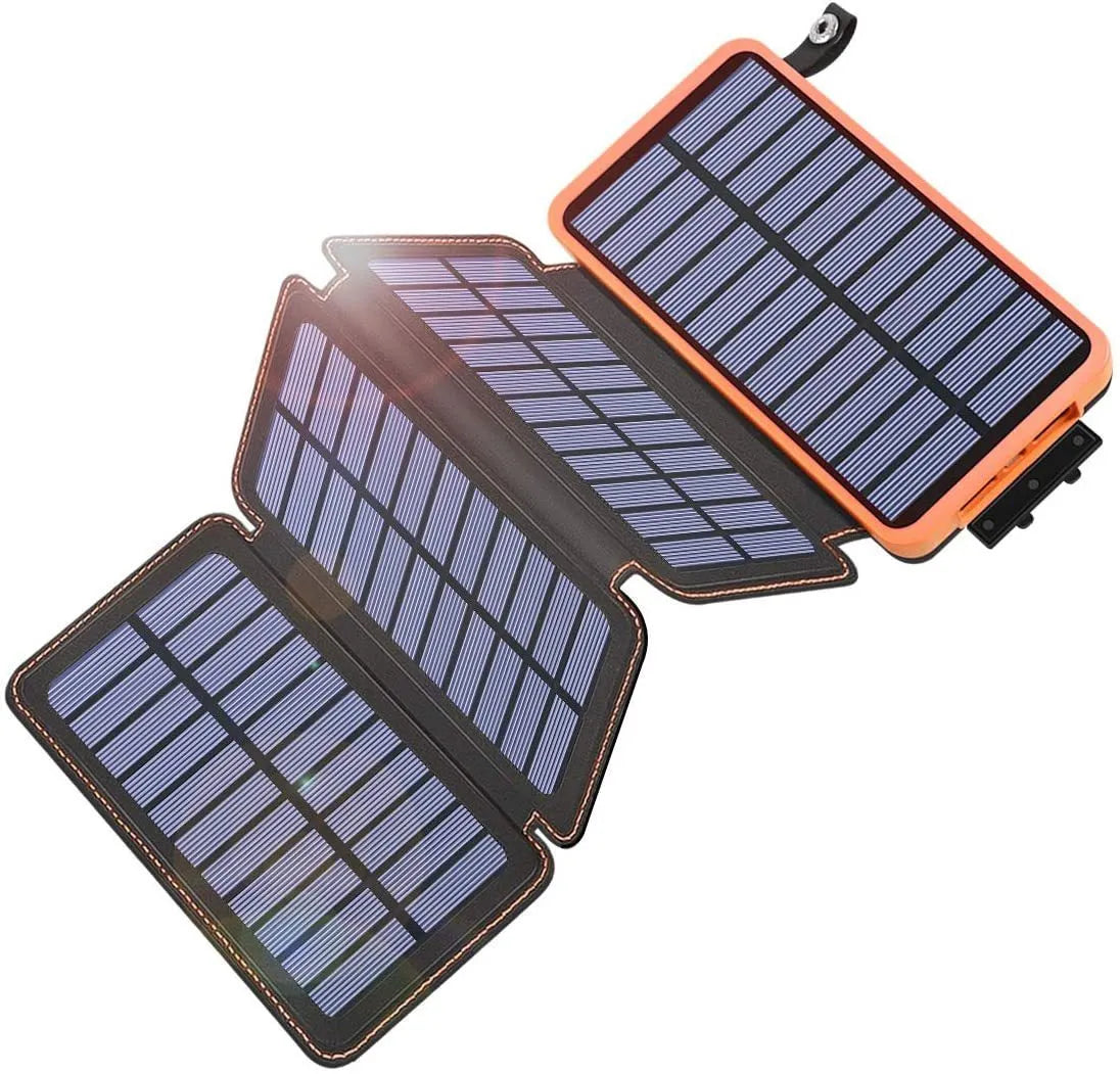 Black outdoor solar power bank with a solar panel, LED light, and soft leather texture, shown with a charging cable.