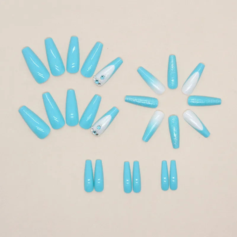 Smart blue diamond colour ballet-length artificial nails with adhesive glue