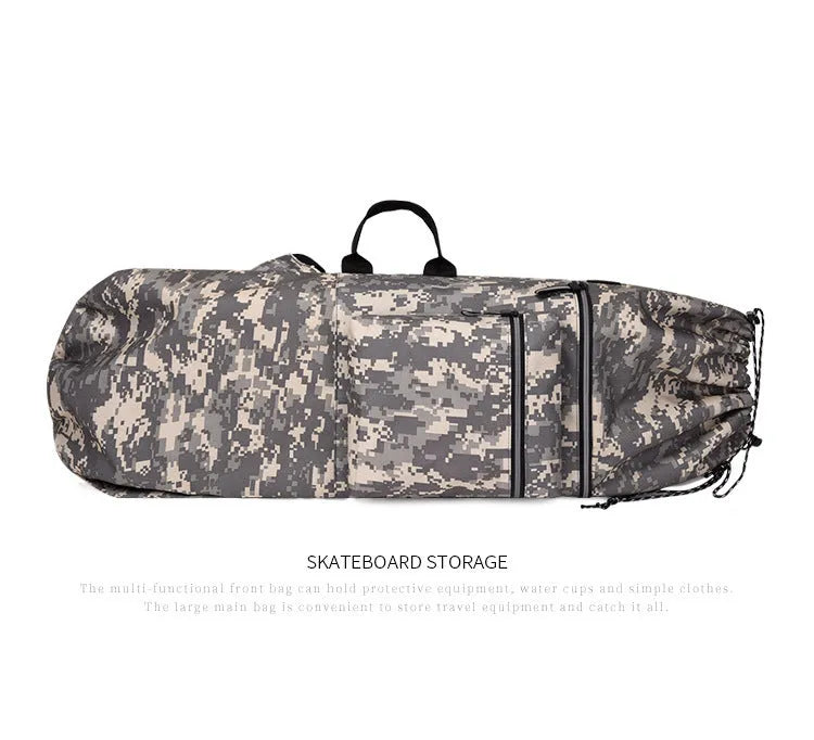 Black waterproof nylon skateboard bag with shoulder strap, showing 90cm length for longboards or fishing rods.