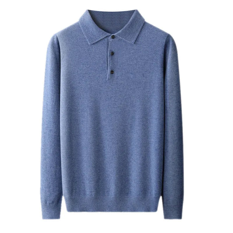 Men's grey wool pullover sweater with a polo collar and long sleeves laid flat