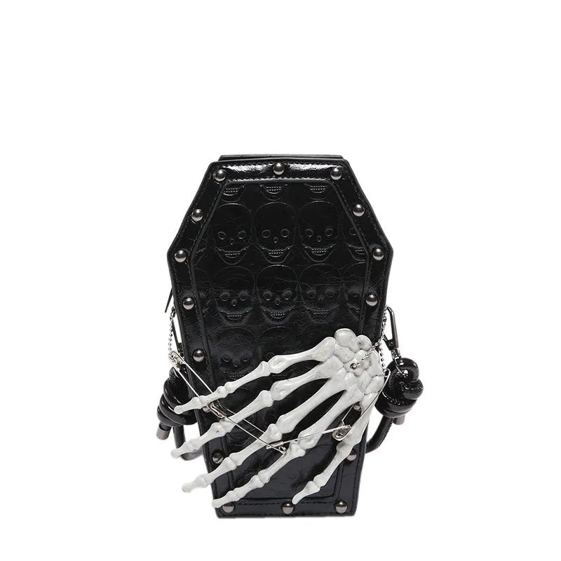 Square vertical one-shoulder handbag with single strap, embossed detail, and phone pocket