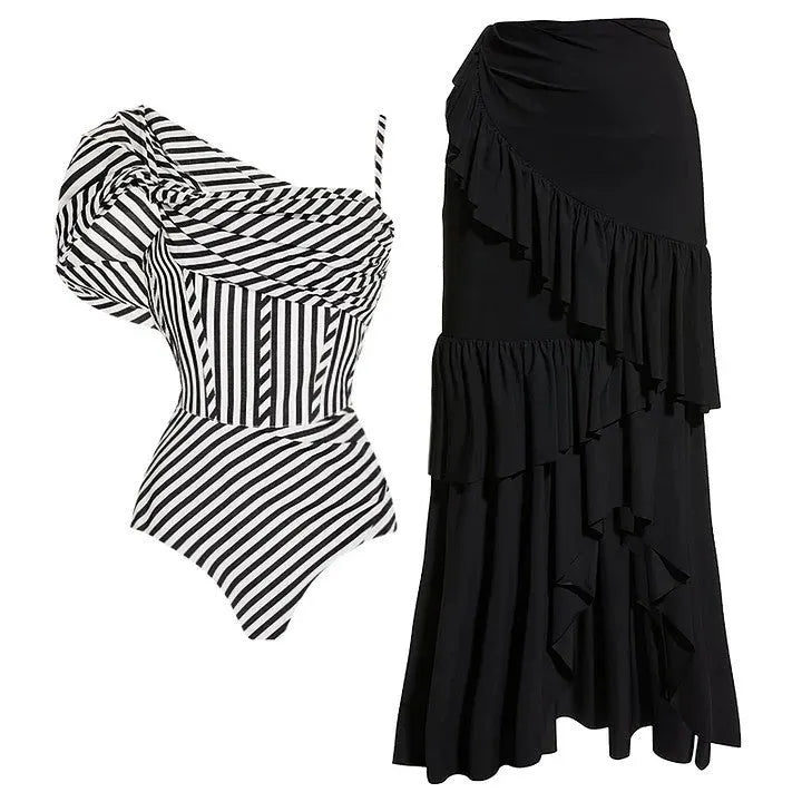 Women's striped ruffled one-piece swimsuit with attached skirt in polyester fabric