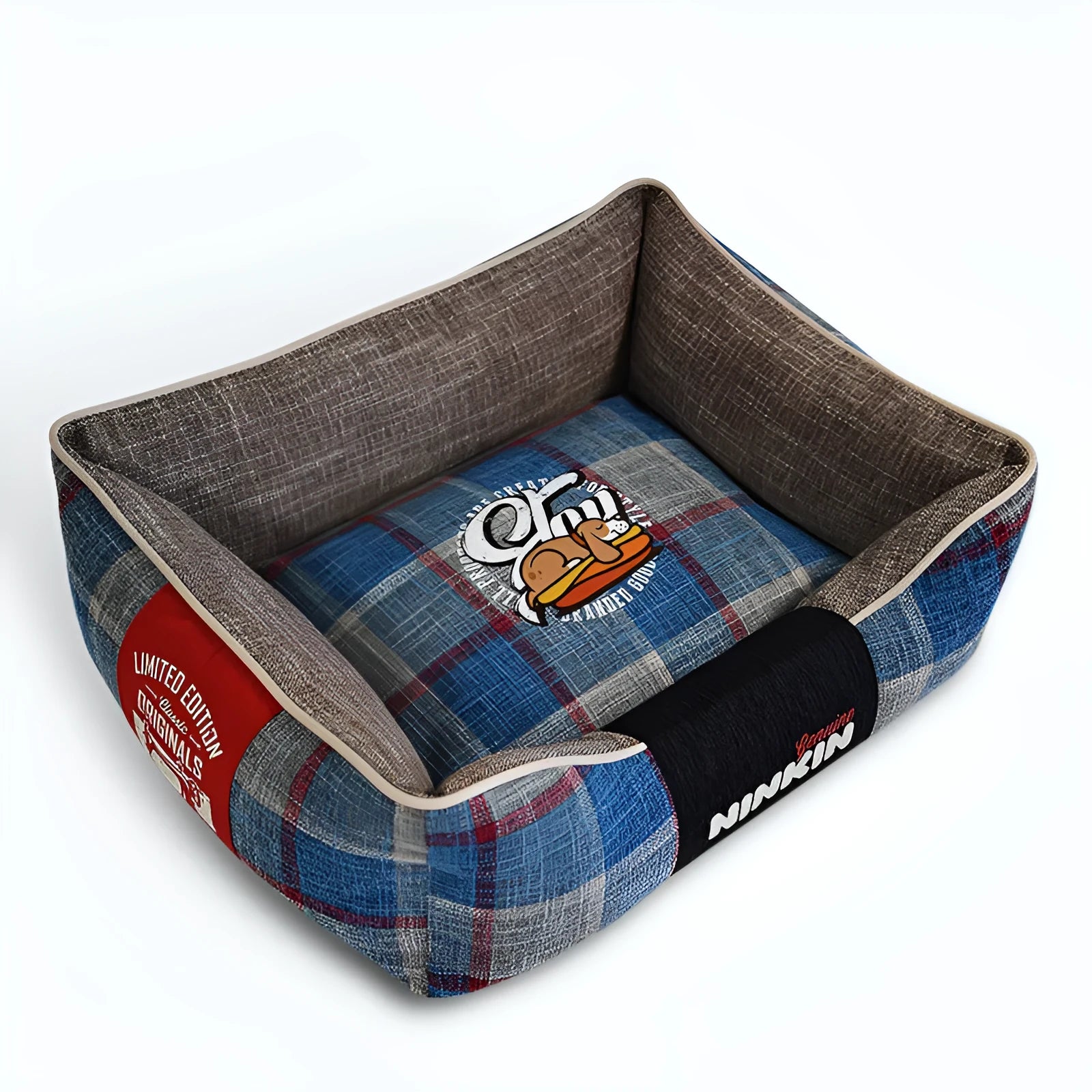 Dog pet cushion mat in red plaid, scratch and bite resistant, size options S M L, includes pet nest