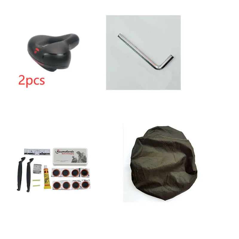 Black bicycle saddle with silicone padding and two visible steel springs underneath, shown with a waterproof cover and tools.
