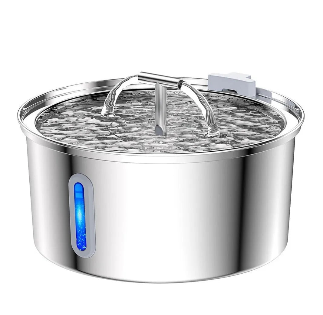 Stainless steel pet water dispenser with round basin and window faucet for dogs and cats.