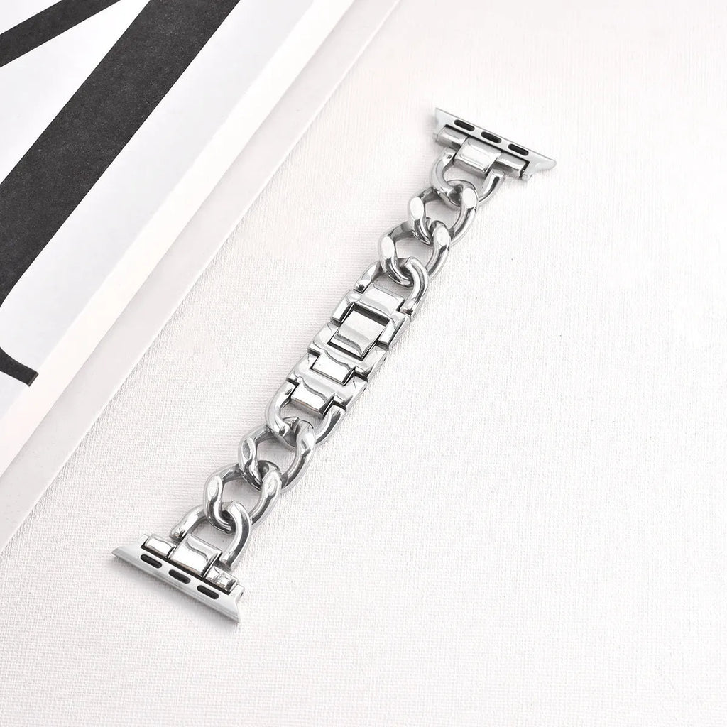 Metallic denim chain watch strap for Apple iPhone in silver, black, gold, rose gold, starlight colours